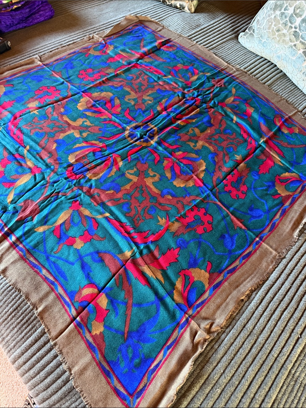 Weavers Bold Teal Floral Print Wrap with Brown Border 34” x 34”